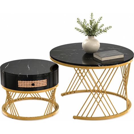 Set da 2 tavolini da caffè rotondi in MDF con piano effetto marmo, cassetto in resina intrecciata e gambe in metallo nero, salvaspazio per soggiorno moderno CHICFURN (1/5)