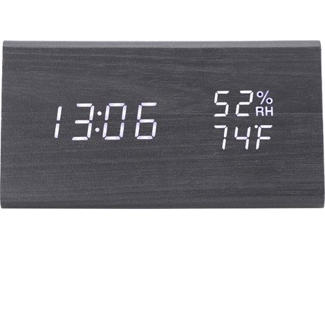 Horloge de bureau numérique LED en bois avec commande vocale, affichage triangulaire de la température et de l'humidité, alarme et lumière blanche (1/5)