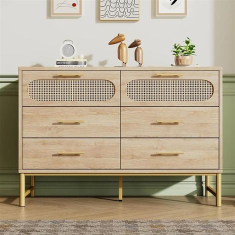 Commode - Chêne - 6 Tiroirs - Rangement en Rotin - Protection Anti-Basculement - 120x40x74 cm (1/5)