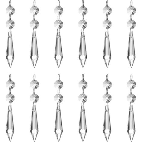 Set aus 12 klaren Kristallanhängern mit Eisprismen-Effekt (62 mm), mit 12 achteckigen Perlen und Ringen, für Lampen, Garten, Partys, Weihnachten, Hochzeiten. (1/5)