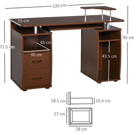 Bureau d'ordinateur moderne en bois avec tiroirs, étagère, tablette coulissante et plateau pour clavier, bureau gain de place, 120 x 55 x 85 cm, marron (1/5)
