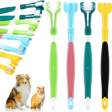 4 Brosse à dents, 3 faces, manche long, poils souples, chiens chats (1/5)