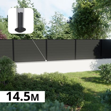 Kit Clôture Composite sur Muret RIO Anthracite 14,5x1,2m - Bois composite & Aluminium - Poteaux sur Platines Noir - Brise vue