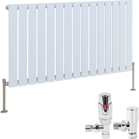 White Designer Flat Panel Radiator + Thermostatic TRV Radiator Valves Chrome Angled Horizontal 600x1020mm Single