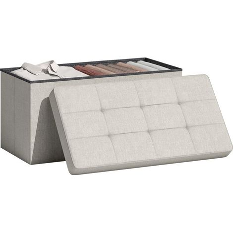 Pouf de rangement, banc de rangement pliable 84 L 76 x 38 x 38 cm, revêtement en lin synthétique crème, coffre de rangement (1/5)