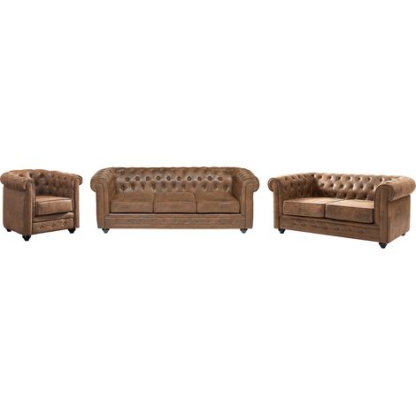 Vente-Unique – Canapé Chesterfield 3 places en microfibre aspect cuir vieilli – Dossier capitonné – Assise déhoussable – Confort équilibré
