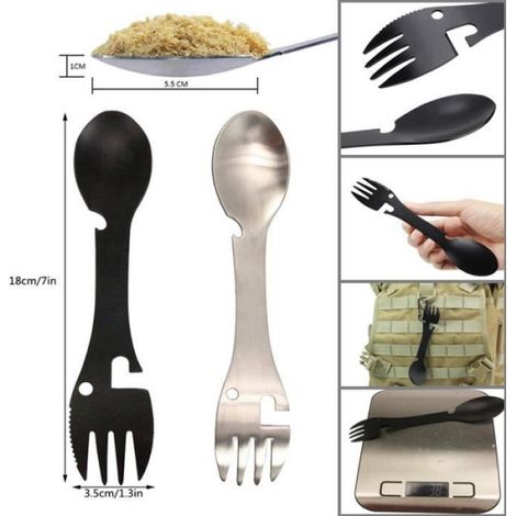 Cuillère Fourchette - 2 en 1 - Pour Camping et Randonnée - Décapsuleur Intégré - Noir - 1 Pièce (1/4)