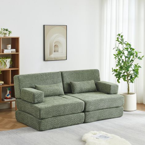Canapé-lit modulable 2-en-1 en tissu chenille vert, convertible gain de place – MEUBLIV (1/5)