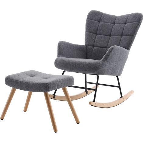 Fauteuil à bascule gris avec dossier haut et repose-pieds intégré en laine d'agneau (1/5)
