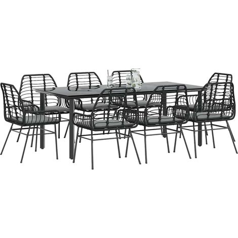 Ensemble repas de jardin 9 pièces en poly rotin noir avec 8 chaises et coussins - PANGIVO (1/5)