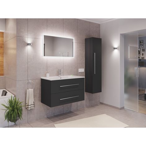 Badmöbel Set Firenze 90 3tlg. LED Spiegel und Hochschrank grafit