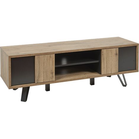 Meuble TV 2 portes 2 niches aspect chêne miel et noir mat - SÉLÈNE (1/5)