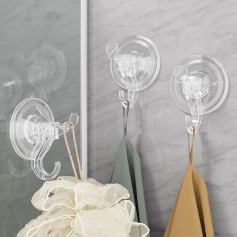 3er-Pack transparente Saugnapfhaken, kleine, abnehmbare Saugnäpfe für Dusche, Badewanne, Glas, Türen, Fenster und Küche. Maximale Aufhängefläche. (1/4)