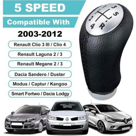 Pommeau De Levier De Vitesse - Manuel 5 Vitesses - Pour Renault Clio 3 4 Megane 2 3 Laguna 2 Scenic 2 Kangoo Dacia Sandero Logan Duster - Cuir Et PVC - Noir (1/4)