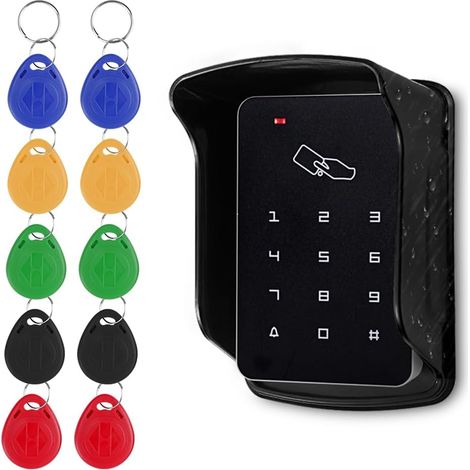 Serrure de porte et contrôleur d'accès, clavier étanche + housse de pluie + 10 porte-clés RFID 125 kHz, capacité d'utilisateur 1000, convient pour le contrôle d'accès extérieur, maison (1/5)