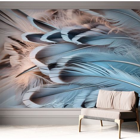 Papier peint autocollant avec imprimé pour intérieur moderne application facile a motif Plumes bleues 312x219 cm (1/5)