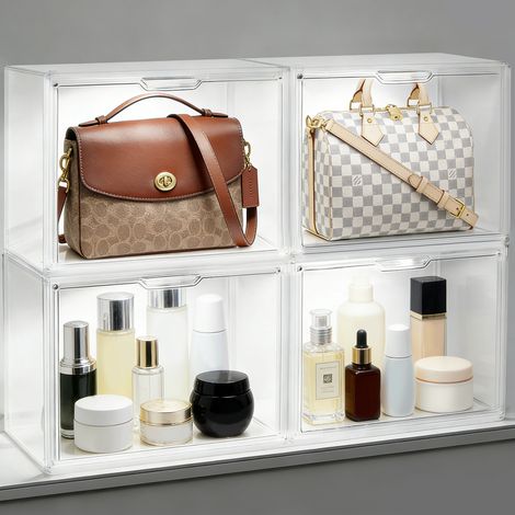 4 Pcs Vitrine Acrylique Transparente avec Éclairage LED 36x22x27 cm, Boîte d'Exposition avec Porte Magnétique Anti-Poussière Vitrine Présentoir pour Collections, Modèles jouets et Sacs à Main