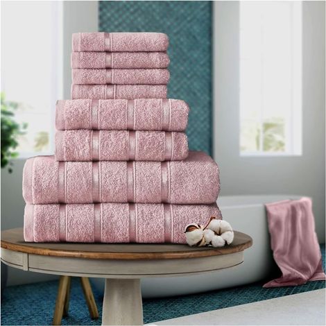 Lot de 8 Serviettes Ultra Douces de qualité supérieure pour Salle de Bain, 100% Coton égyptien, 4 Serviettes pour Le Visage, 2 essuie-Mains, 2 Serviettes de Bain, Rose pâle (1/5)
