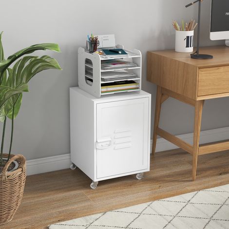 Mueble Archivador con Ruedas Estante Ajustable y Puerta de Metal para Tamaño A4 para Estudio 38x38,5x55,5 cm Blanco (1/5)