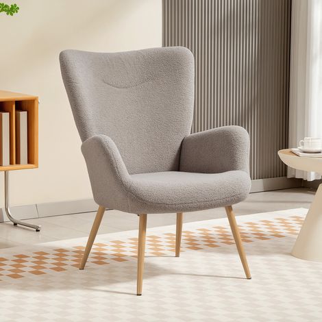 Fauteuil salon, fauteuil d'appoint rembourré en tissu bouclette avec haut dossier et accoudoirs, 71x74x97,5cm, gris (1/5)