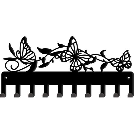 Schmetterlingsförmiger, wandmontierter Schlüsselhalter mit 10 Haken, schwarzem Rankenmuster, aus Eisen, dekorativer Organizer für Taschen, Kleidung und Schlüssel