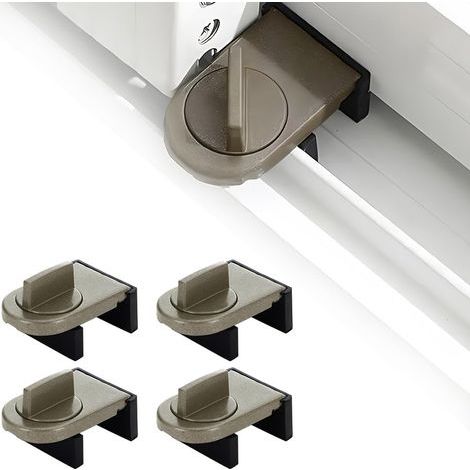 4 Pièces Verrou Baie Coulissante,Serrure Butée Réglable,Serrure de Sécurité pour Fenêtre,Bloque Fenetre Coulissante,Sans Perceuse, pour Portes et Fenêtres Coulissantes (Marron) (1/5)