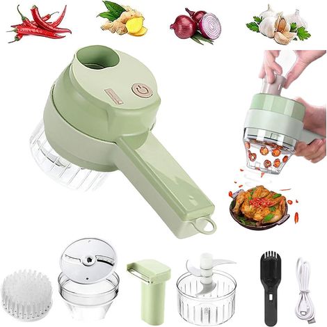 Ensemble coupe-légumes électrique à main 4 en 1, mini broyeur électrique multifonctionnel presse-ail hachoir, robot de cuisine portable avec brosse, pour ail, piment, oignon, gingembre, céleri, viande (1/5)