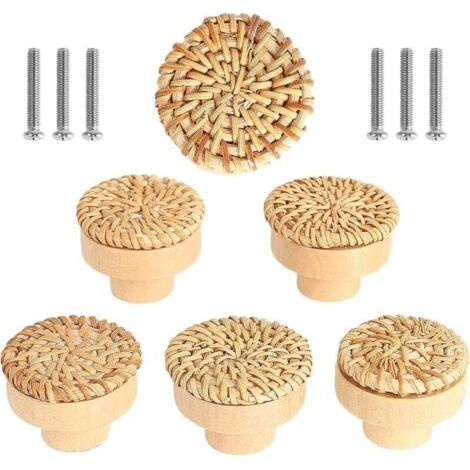 Lot de 6 boutons de meuble en rotin Boutons de Tiroir, de Porte Style bohème Poignée Tiroir en Bois Ronds Pour Commode Armoire Placards de Cuisine (1/4)