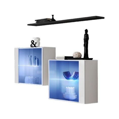 Composizione murale SWITCH SBIII – Cubi in vetro LED e scaffale – Bianco lucido e nero – Design moderno