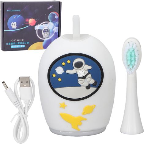 Brosse à dents électrique enfant en silicone souple, forme U, étanche IPX7, brossage automatique 360°, blanche. (1/5)