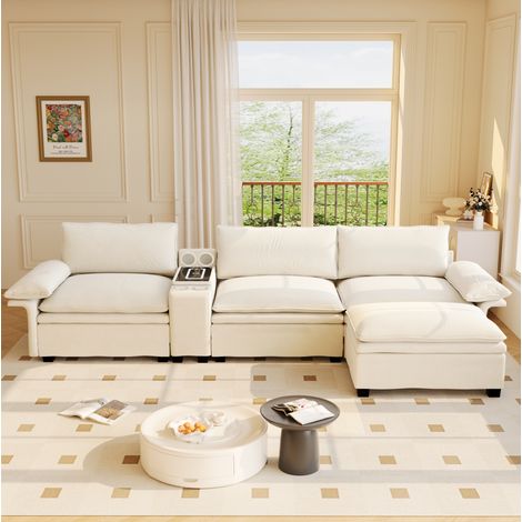Canapé modulable 315x70x85 cm beige en chenille avec ottoman mobile, rangement, charge sans fil, Bluetooth et éclairage (1/5)