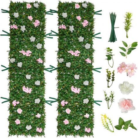Jardín Vertical Artificial 61 x 243,8 cm, Panel Decorativo de Pared 2 Unidades, Hojas Verdes y Flores Rosadas y Blancas, Planta de Decoración para Bodas Fiestas Exterior Interior Terraza Hogar (1/5)