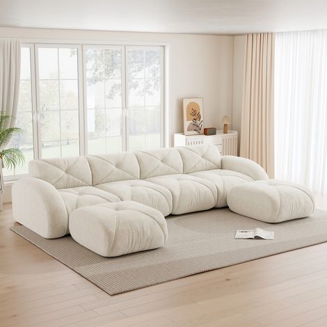 Canapé modulaire en U, canapé sans cadre, ensemble canapé combiné 4 places, avec 2 poufs inclus, adapté au salon, tissu confortable, design antidérapant, aucun montage requis, blanc (1/5)