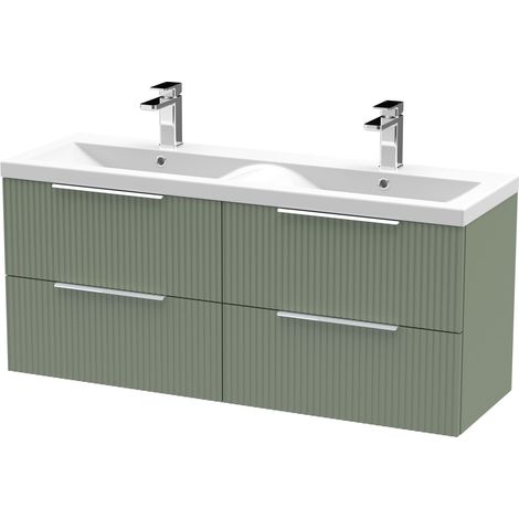 Tixall Fluted 4 Drawer Wall Hung Vanity Unit with Double Basin, Satin Green, 1200mm