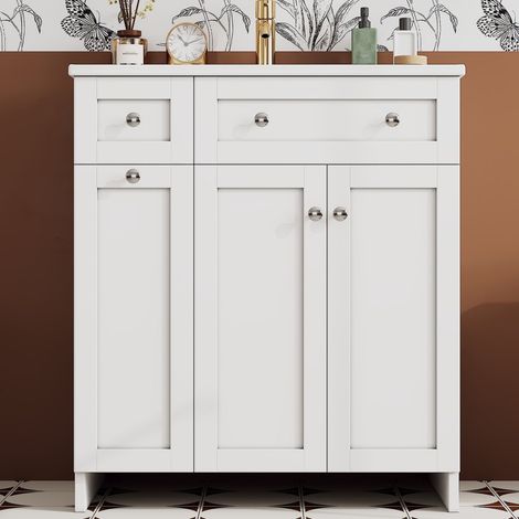 Meuble vasque 76x47x86 cm en MDF et céramique blanc, pour salle de bain, gain de place – MEUBLIV (1/5)
