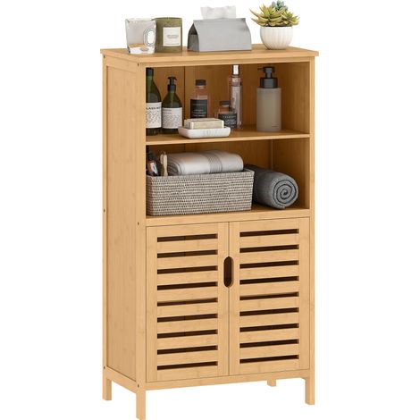 Badezimmerschrank aus Bambus, mit Lamellentüren, 2 Regale, 1 Schrank, 50 cm x 29 cm x 92 cm, Natur