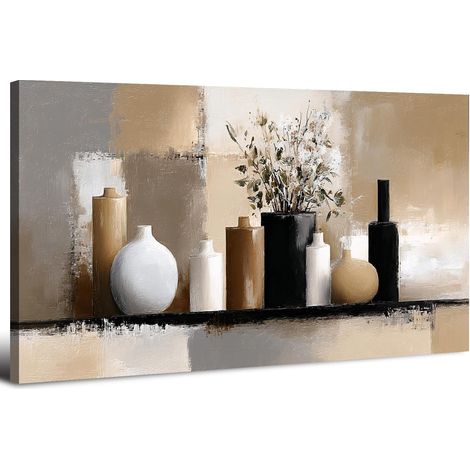 Tableau Nature Morte Moderne sur Toile 20x40in Impression sur Toile Floral Vases Beige Noir et Blanc, Peinture Murale Neutres Minimaliste, Tableau Décoration Murale Fleurs Chambre Salon Cuisine (1/5)