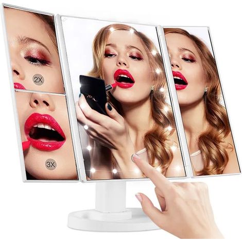 Miroir Lumineux LED 3 Faces à Poser - Miroir Maquillage Triptyque Pliable sur Pied avec Effet Grossissant x2 x3 - Pile ou USB (1/5)