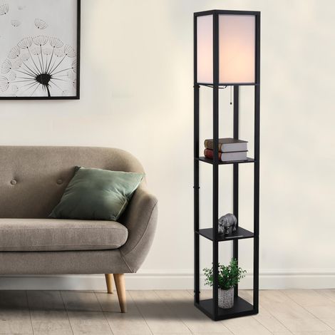 Noir - Lampe sur pied doté de étagères de rangement, lampe moderne en bois, ampoule E27, pour salon, chambre, bureau