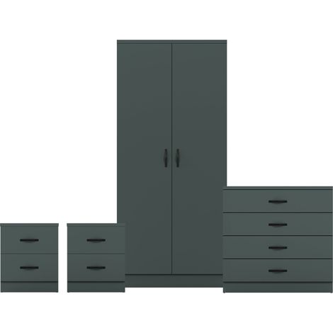 Riano 4 Piece Bedroom Set (2 Drawer Bedside Chest, 4 Drawer Chest, 2 Door Wardrobe), Green (1/3)