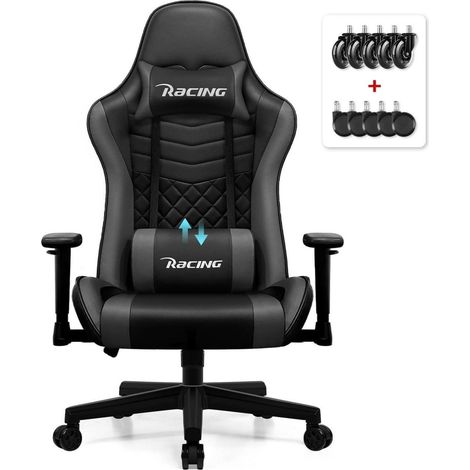 Gaming Stuhl mit Wippfunktion bis zu 170° verstellbarem Lendenkissen und (1/5)