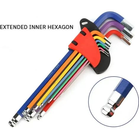 Clé Allen allongée (lot de 9) - Kit de 9 clés Allen colorées en forme de L pour vis Allen - Clé hexagonale intérieure de 1,5 mm à 10 mm - Outils de réparation de vélos (1/5)
