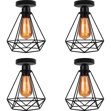 Diamond Hanging Pendant Light, Industrial Ceiling Lamp with Metal Cage Lampshade, Retro Black Chanderlier for Kitchen Island Dining Room (Ø20cm) 4PCS