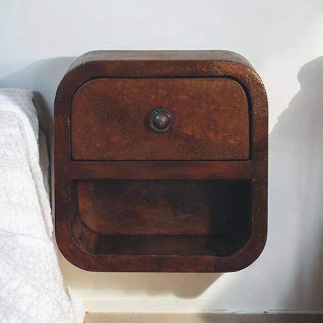Accessoire pour chat, en bois massif et bois, 1 tiroirs, avec étagère, 1 tiroir et étagère ouverte, Chevet en bois massif Extra Courbe en châtaignier