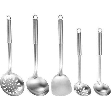 Juego de 5 utensilios de cocina de acero inoxidable: espátulas de cocina no magnéticas, cucharones, espátula y espumadera de acero inoxidable grueso. Apto para lavavajillas. (1/5)