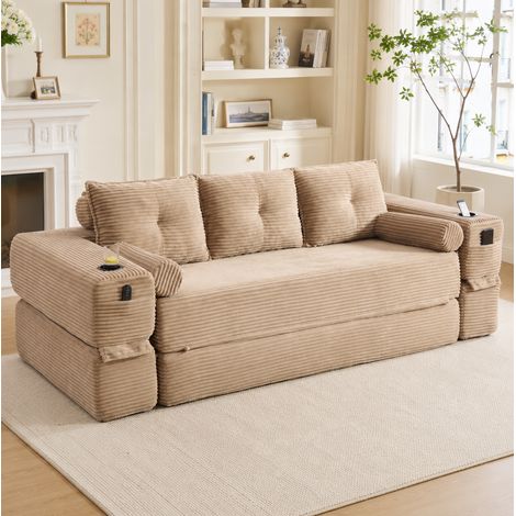 Lit banquette modulable 3 places 232x98x80 cm, convertible, poches latérales, tissu côtelé kaki (1/5)