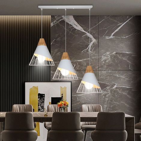 Industrielle Moderne Lustre Suspension 3 Lumières E27 Lampe en Forme Badminton en Métal Bois pour Cuisine Salon Chambre Blanc (1/5)