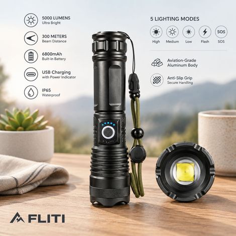 Lampe Torche LED Rechargeable USB 5000 Lumens XHP50.2 Étanche IP65 Aluminium 6800mAh 5 Modes Éclairage Puissant (1/5)
