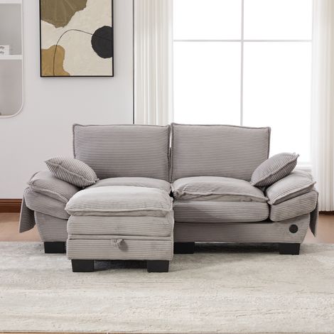 2 Sitzer Sofa (190x132x84 cm), mit Hocker, breite Sitzfläche, USB C Anschluss, Corduroy, Hellgrau (1/5)