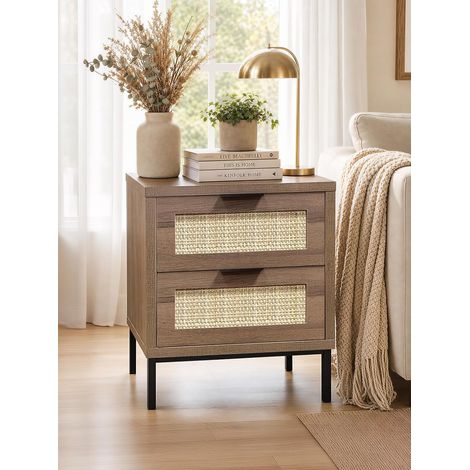 2 Drawer Bedside Table, Rattan Bedside Table, Modern Farmhouse Style, Wooden Side Table for Sofa and Small Spaces, 45 x 40 x 55 cm (1/5)